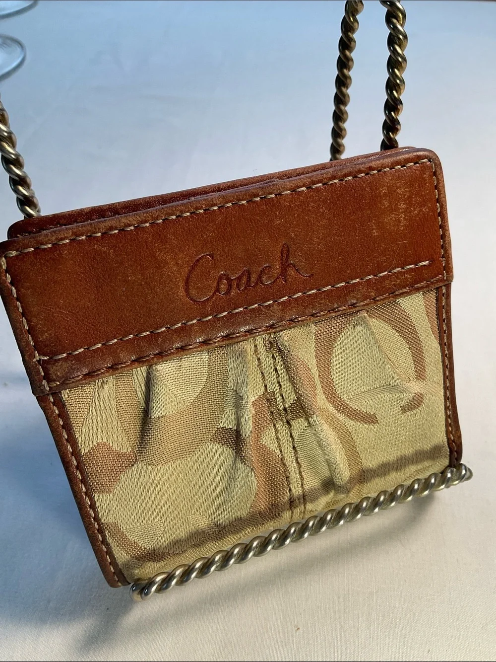 Coach Brown Signature Canvas Card Holder with Leather Trim